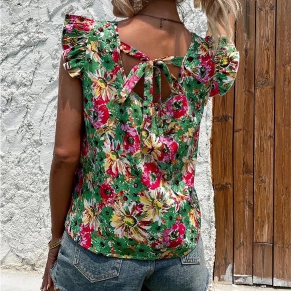 Boho Floral Paisley Print Ruffle Sleeve Top Blouse Shirt Pink - Picture 6 of 10